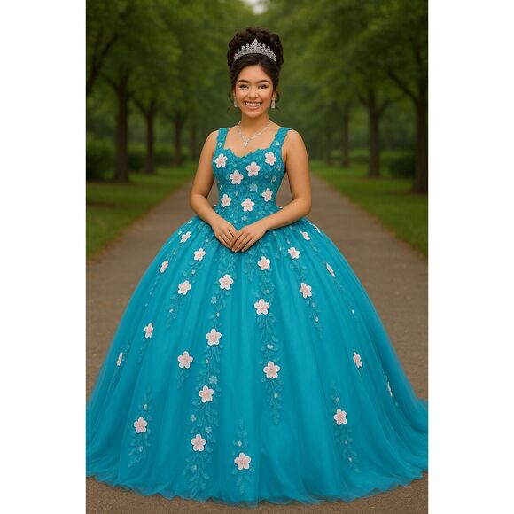 Quinceañera Blue Floral formal Prom Dress size 6-8 - Picture 1 of 15